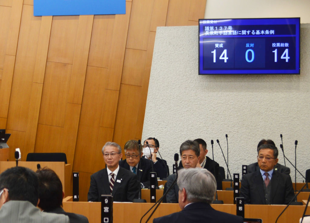 電子採決システムを使用して「賛成」「反対」の議員数が示されたモニター＝２５日午前、長泉町役場