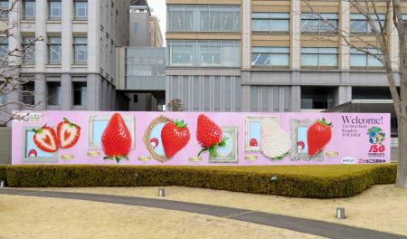 栃木県産イチゴをアピールする県庁前の看板＝５日