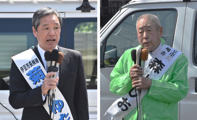 伊豆市長選に立候補し、第一声を上げる㊧菊地豊氏と㊨森良雄氏