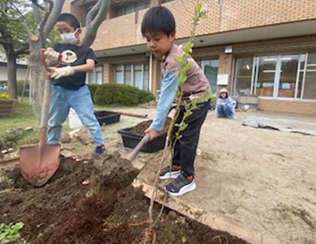 花壇に苗木を植える作業をする児童＝浜松市中央区の富塚協働センター