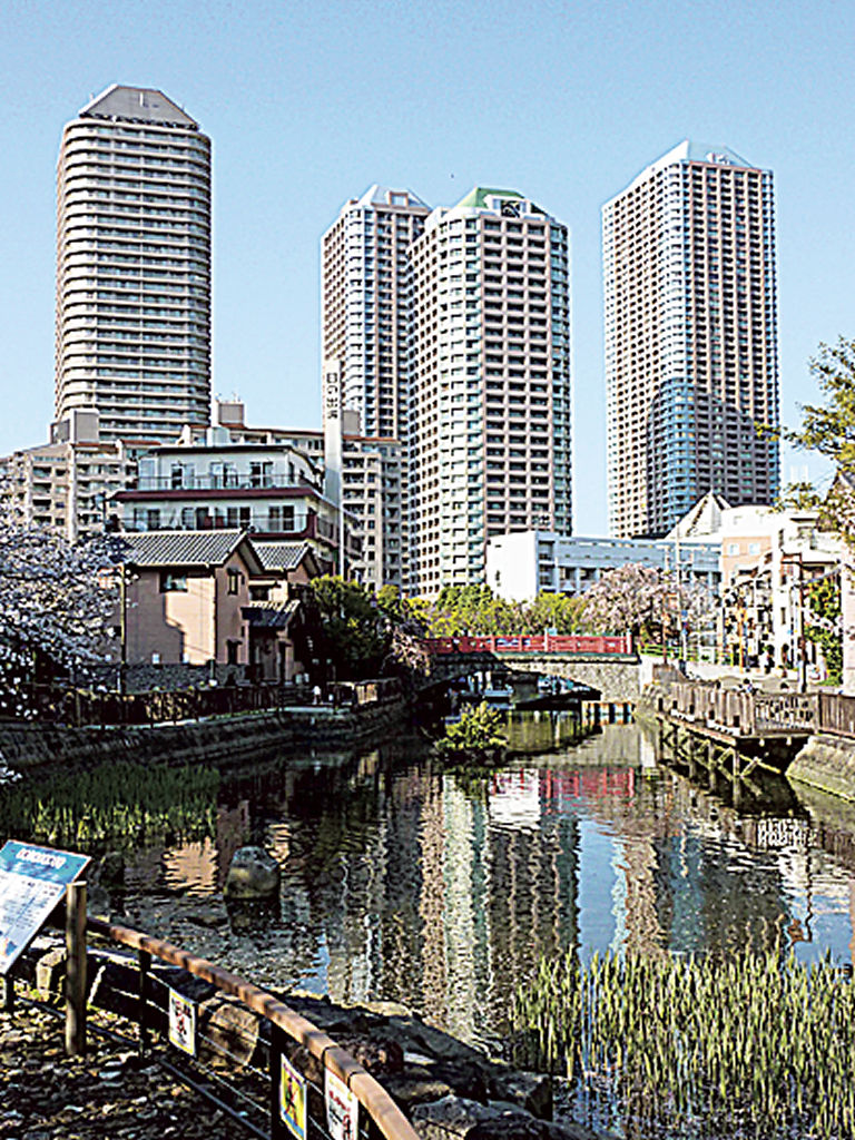 掘割に影を映す高層マンション群と、佃小橋＝東京都中央区