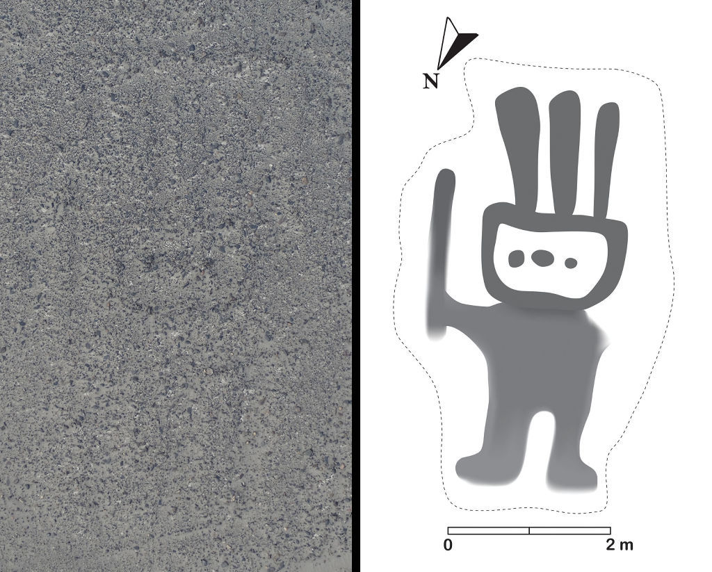 ＡＩの活用で発見された、つえのようなものを持った人の地上絵（左）と、その模式図（山形大ナスカ研究所提供）
