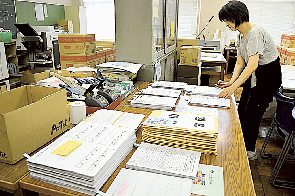 教材などの印刷物を確認するスクール・サポート・スタッフの淵沢由美子さん＝７日、富士宮市立富士根南中