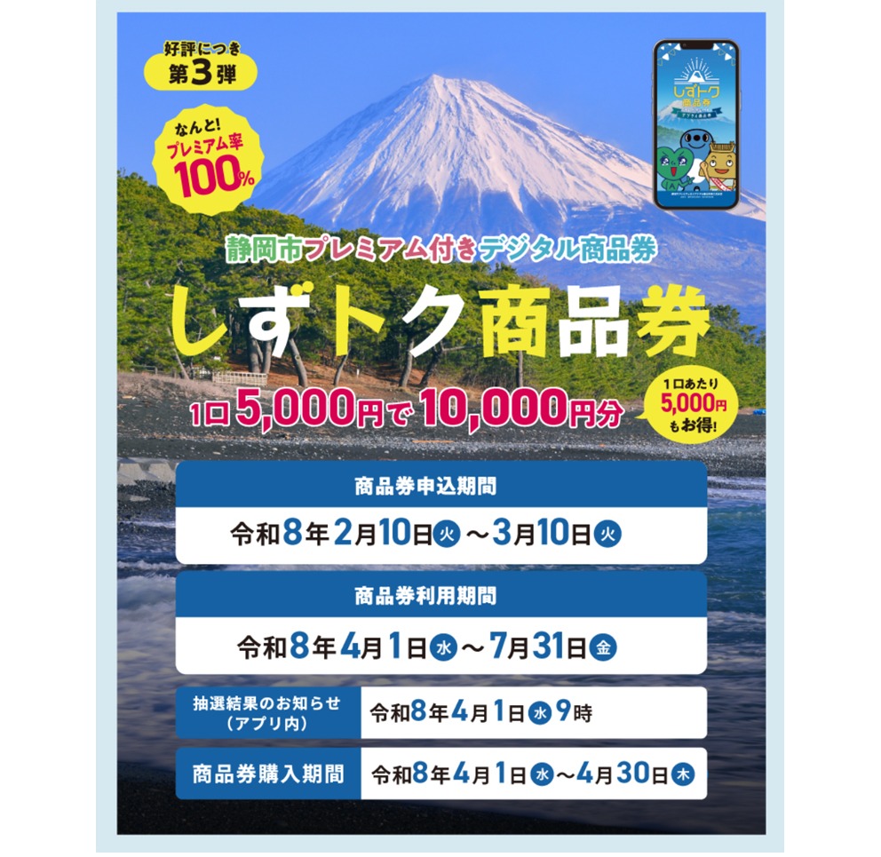 しずトク商品券」10日購入受け付け開始 3月10日まで、静岡市民