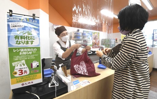 レジ袋の有料化が始まりマイバッグを利用する買い物客＝１日午前、静岡市駿河区の天神屋曲金店
