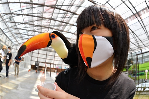 カラフルなくちばしがデザインされたオニオオハシのマスク＝掛川市の掛川花鳥園