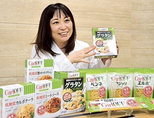 はごろもフーズが展開する低糖質ブランドの商品群＝静岡市清水区のはごろもイノベーションセンター