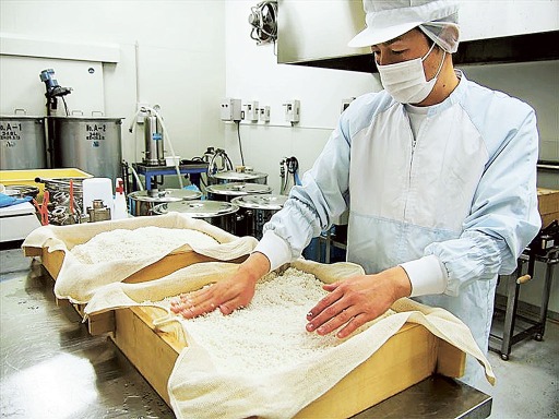 米を蒸す作業をする山本さん＝掛川市富部のオファード