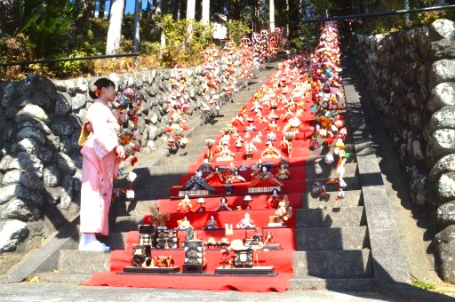 参道の急階段１１８段にお目見えしたひな壇飾り＝東伊豆町稲取の素盞鳴神社