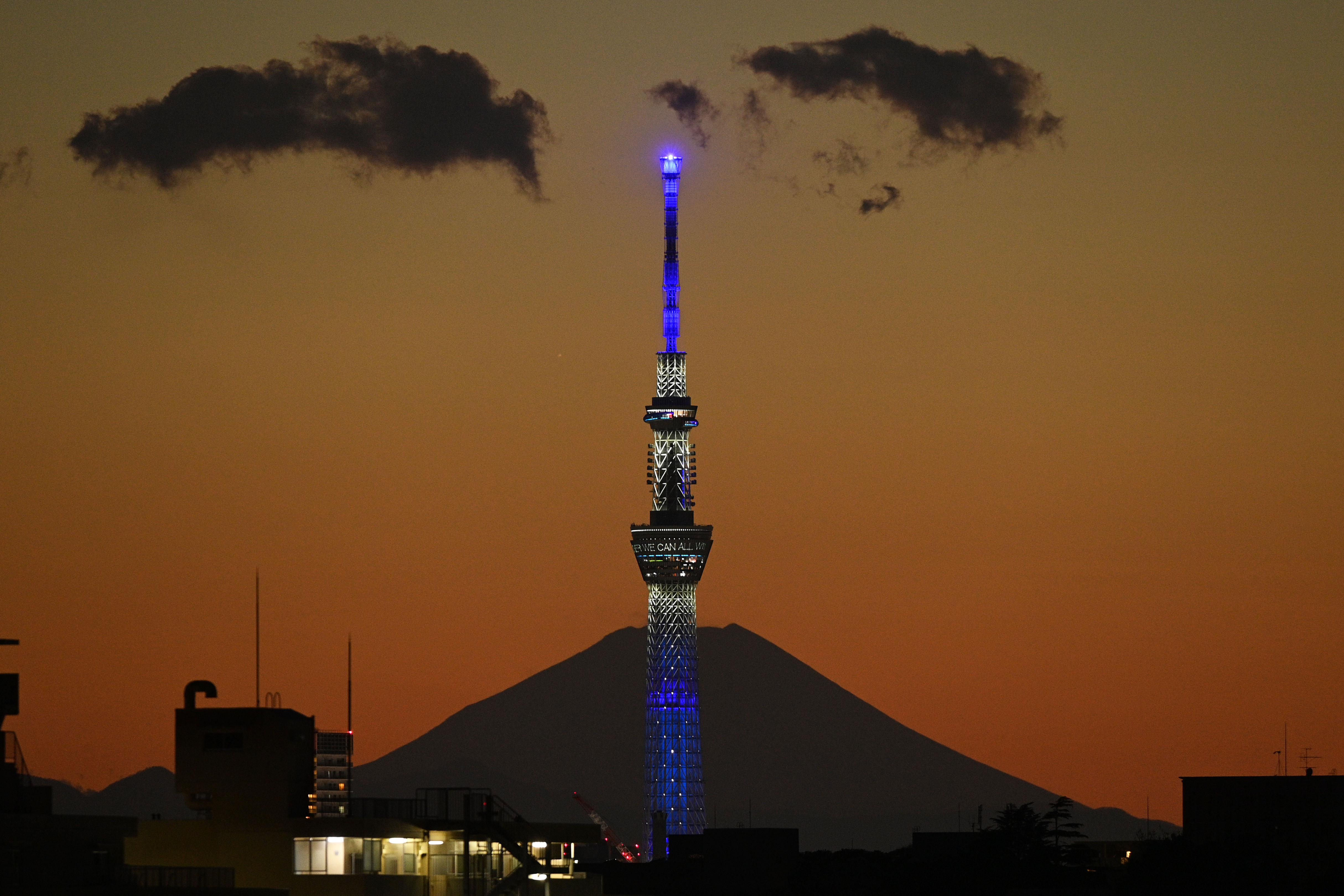 夕暮れの空に富士山と東京スカイツリーが日本一同士の共演。スカイツリーの青色のライティングは新型コロナウイルス感染症に「世界が一丸となって立ち向かい、みんなで打ち勝とう」とのメッセージが込められているという＝１月30日、千葉県市川市