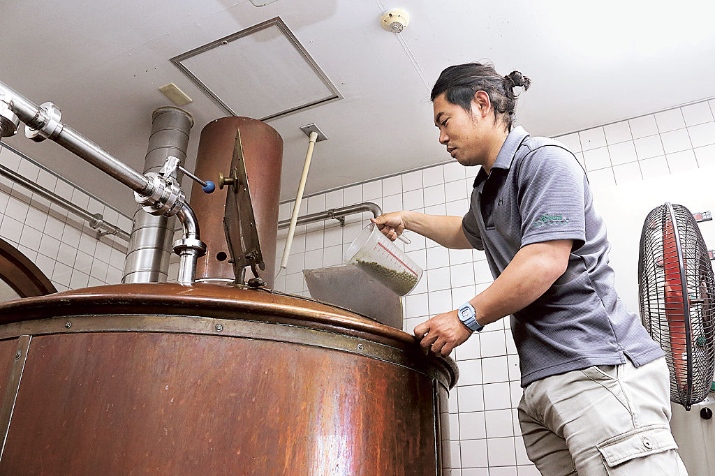麦汁の入ったタンクにホップを投入する小川大河さん＝１９日、伊東市の宇佐美麦酒製造