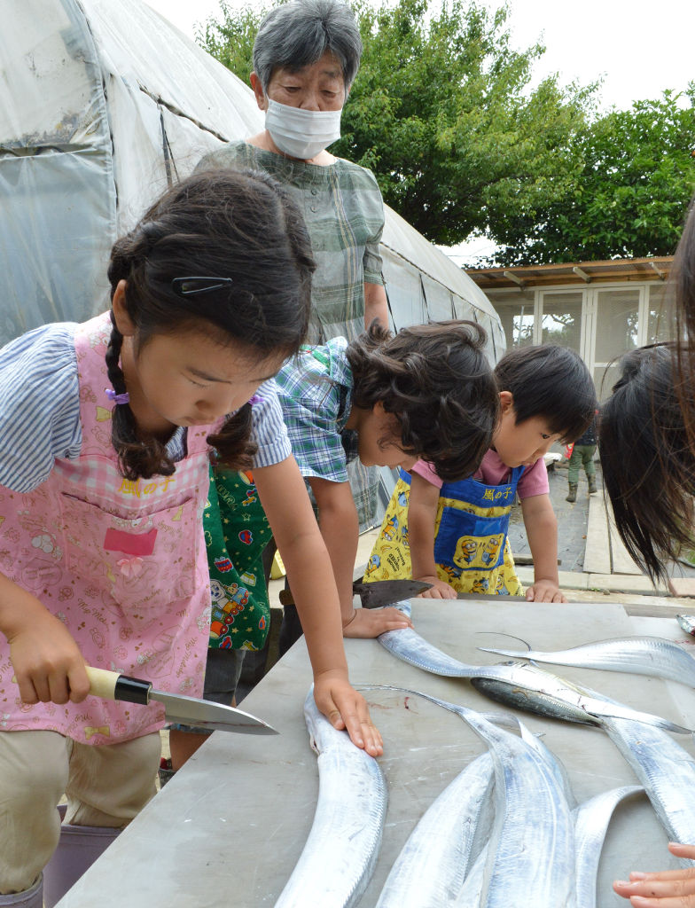包丁でタチウオをさばく子どもたち＝６月下旬、藤枝市の風の子の家