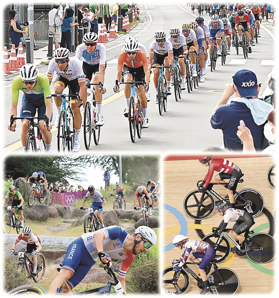 静岡県を舞台に開催された五輪自転車競技の（上から右回りに）ロードレース、トラック、マウンテンバイク