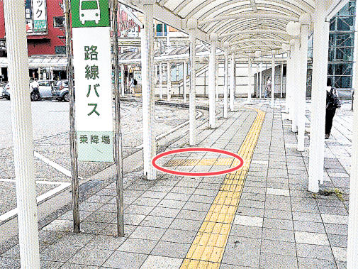 誤った場所に設置された点字ブロック（円内）。周囲に鉄柵はなく、ロータリーに誘導されていた＝７月１０日、ＪＲ静岡駅南口広場（読者提供）