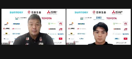 オンラインで取材に応じる車いすバスケットボール男子日本代表の豊島英主将（右）と京谷和幸ヘッドコーチ＝８日午後